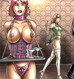 Lusty brunette mistress humiliating her slave girl by fast fucking machines stretching their holes.