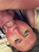 Sexy babe swallows a big dick and a huge load of cum.