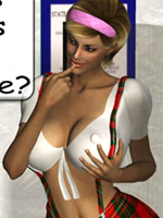 Nasty 3d girl with huge melons ian tight panties sitting in front of computer.